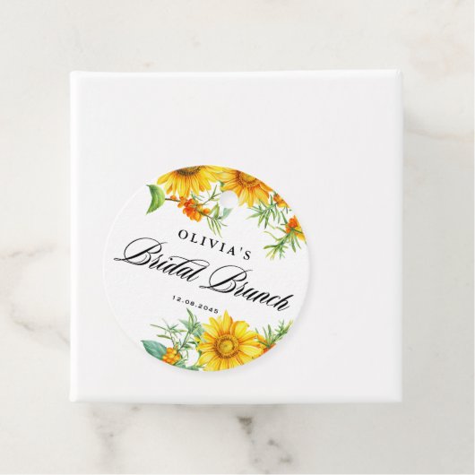 Gele Zonnebloem en Zee Buckthorn Bruids Brunch Bedankjes Labels (In situ)