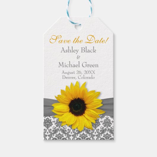 Gele zonnebloem Geel met grijze Damask Weddenschap Cadeaulabel (Voorkant)