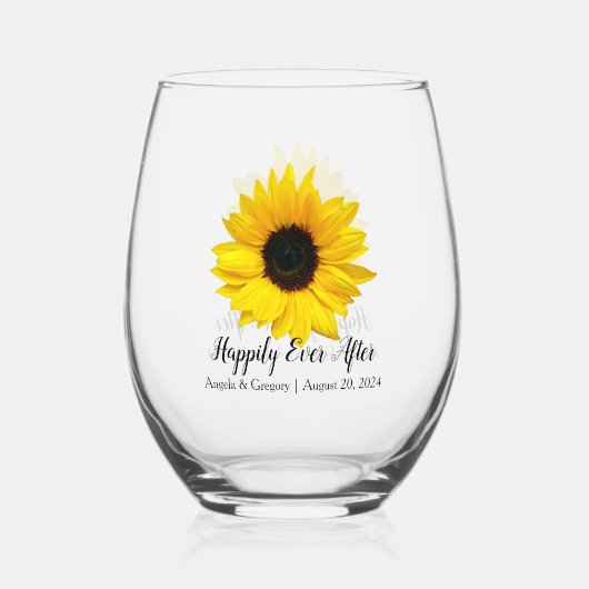 Gele zonnebloem gelukkig ooit na bruiloft wijnglas zonder voet (Voorkant)