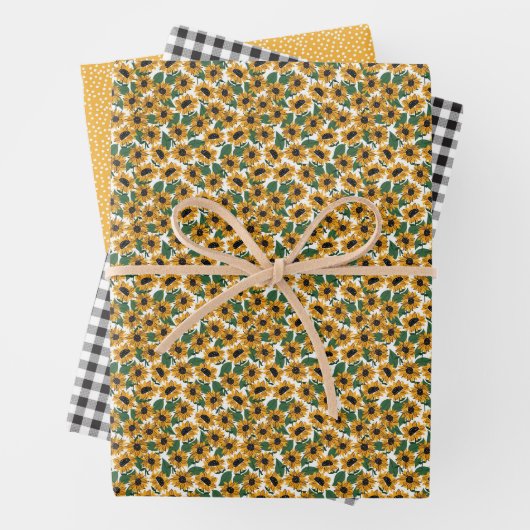 Gele Zonnebloem Gingham Wrapping Paper Set (In situ)