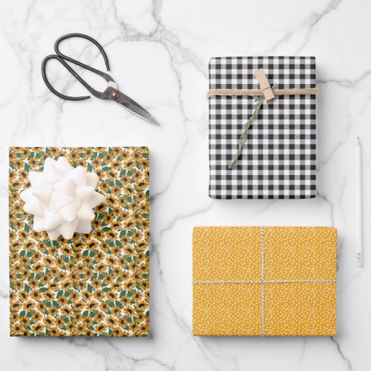 Gele Zonnebloem Gingham Wrapping Paper Set (Voorkant)