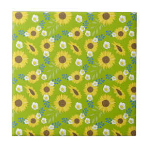 Gele Zonnebloem Groene Achtergrond Bloem Bloemrijk Tegeltje