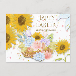 Gele Zonnebloem Lente Bloemen Gelukkig Pasen Wit Feestdagenkaart