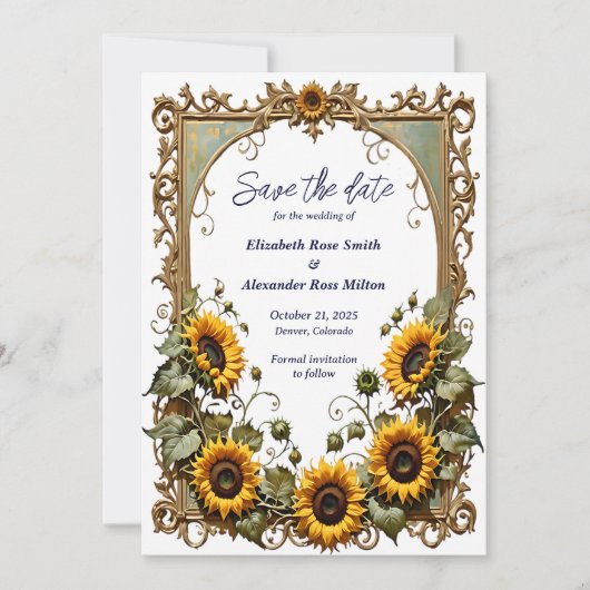  Gele zonnebloem met kunst bruiloft lijst Save The Date (Voorkant)