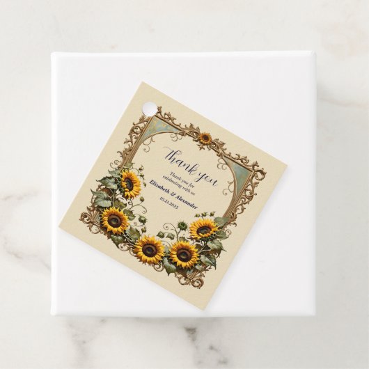 Gele zonnebloem met kunst lijst bruiloft bedankjes labels (In situ)