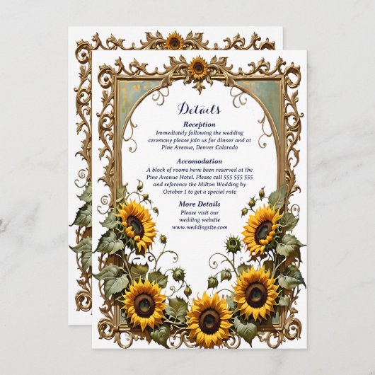 Gele zonnebloem met kunst lijst bruiloft Informatiekaartje (Voorkant / Achterkant)