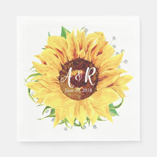 Gele Zonnebloem Monogram Bruiloft Servetten (Voorkant)