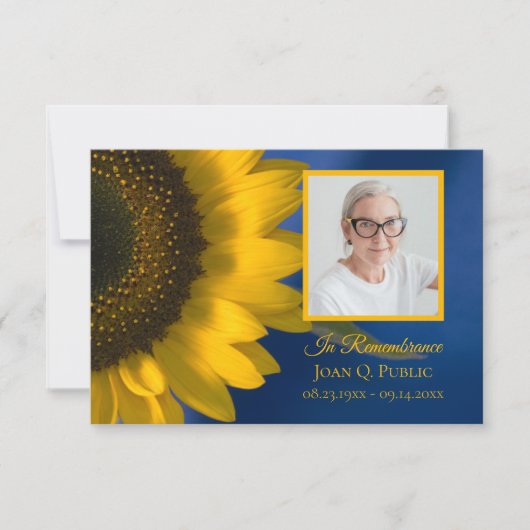 Gele Zonnebloem op Blauwe Begrafenis Sympathie Bedankkaart (Voorkant)