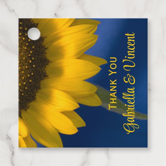 Gele Zonnebloem op Blauwe Bruiloft Bedankjes Labels (Voorkant)