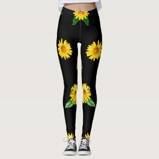 Gele zonnebloem op donkerzwarte achtergrond leggings