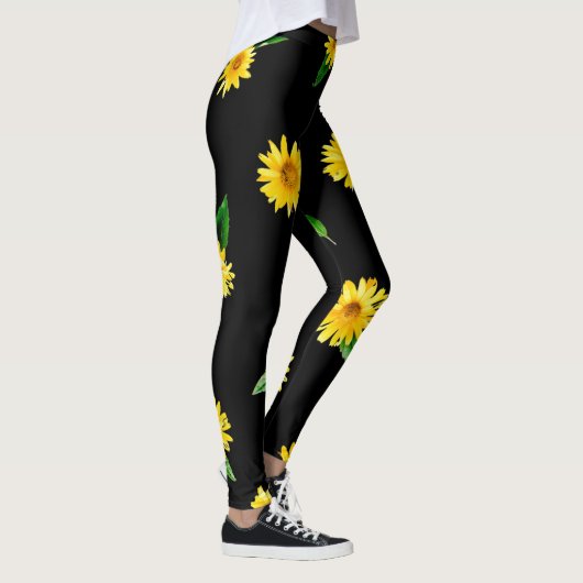 Gele zonnebloem op donkerzwarte achtergrond leggings (Rechts)