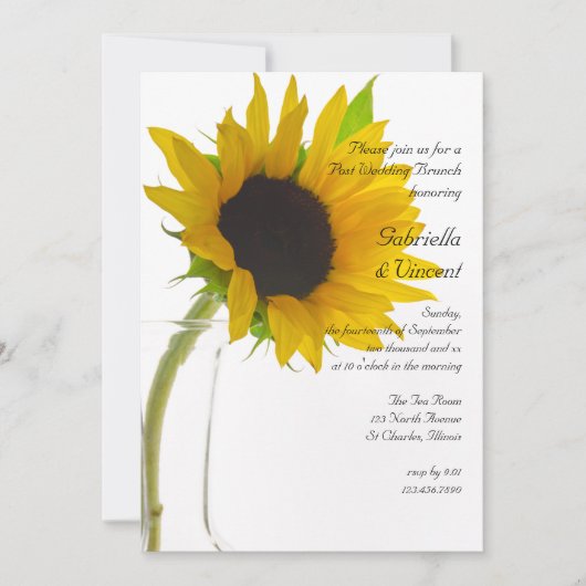 Gele Zonnebloem op Witte Paal Trouw Brunch Kaart (Voorkant)