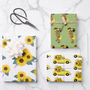 Gele zonnebloem  Schattig etnisch meisje   Bloemen Inpakpapier Vel