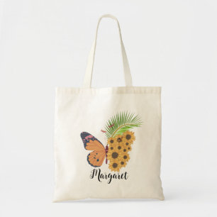 Gele zonnebloem Vlinder gepersonaliseerde naam Tote Bag