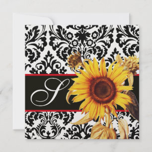 GELE ZONNEBLOEM ZWART WIT DAMAST MONOGRAM KAART