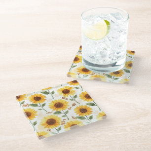 Gele zonnebloemen Aquarel Bloemrijke Whimsical Glazen Onderzetter
