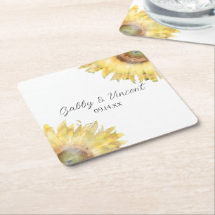 Gele Zonnebloemen Aquarel Bruiloft Vierkante Kartonnen Onderzetter