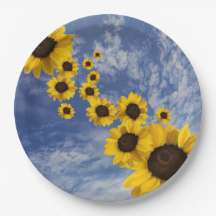 Gele zonnebloemen blauwe hemel papieren bordje