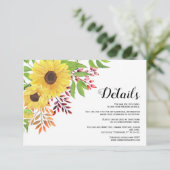 Gele zonnebloemen bloemenherfst bruiloft details informatiekaartje (Staand voorkant)