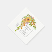 Gele zonnebloemen, boog en initialen worden bruilo servet (Hoek)