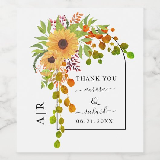 Gele zonnebloemen, boog en initialen worden bruilo wijn etiket (Enkel label)