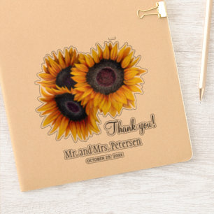 Gele zonnebloemen bruiloft dank u en namen sticker