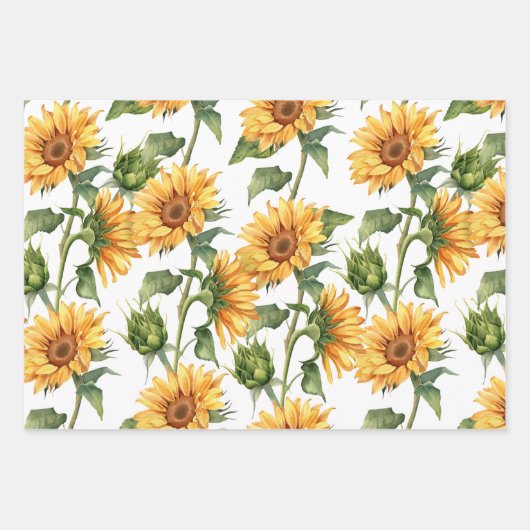 Gele Zonnebloemen en bladeren Waterverf Tuin Inpakpapier Vel (Voorkant 3)