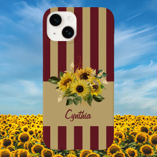 Gele zonnebloemen en Bourgogne en gouden strips Case-Mate iPhone 14 Hoesje