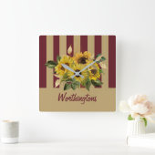 Gele zonnebloemen en Bourgogne en gouden strips Vierkante Klok (Huis)