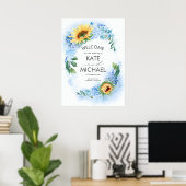 Gele zonnebloemen en Dusty Blue Hydrangea Wedding Poster (Thuiskantoor)