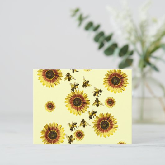 Gele zonnebloemen en het zomerpatroon van honingbi briefkaart (Staand voorkant)