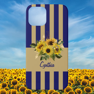 Gele zonnebloemen en marineblauw en gouden strips iPhone 12 hoesje
