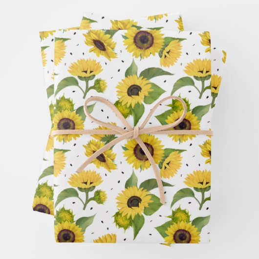 Gele zonnebloemen en zonnebloempitten inpakpapier vel (In situ)