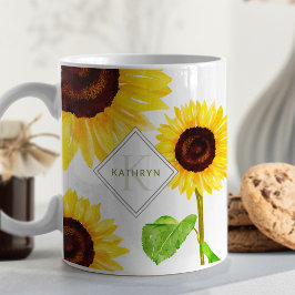 Gele zonnebloemen geïllustreerd monogram koffiemok