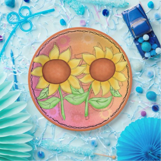 Gele zonnebloemen Getextureerde roze groene bloeme Papieren Bordje (Feest)