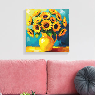 Gele Zonnebloemen in een Gele Vaas Canvas Afdruk