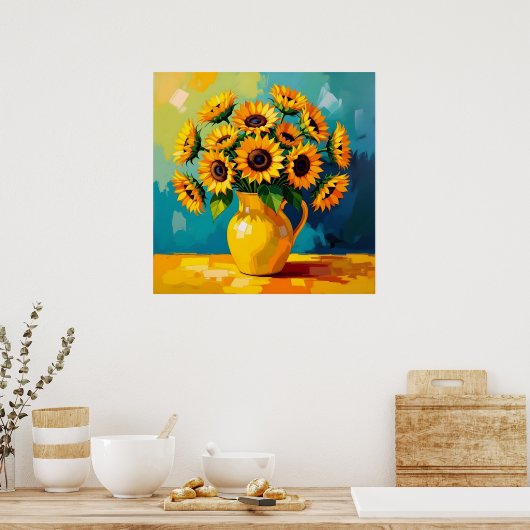 Gele Zonnebloemen in een Gele Vaas Poster (Keuken)