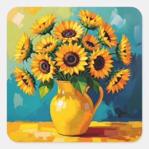 Gele Zonnebloemen in een Gele Vaas Vierkante Sticker