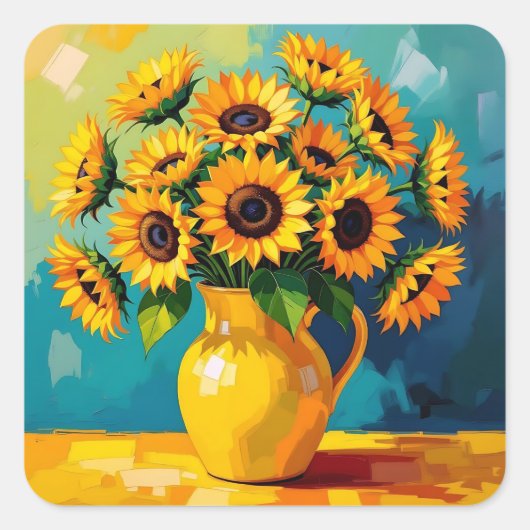 Gele Zonnebloemen in een Gele Vaas Vierkante Sticker (Voorkant)