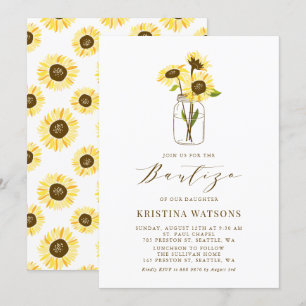 Gele Zonnebloemen in een Mason Jar Zomer Bautizo Kaart