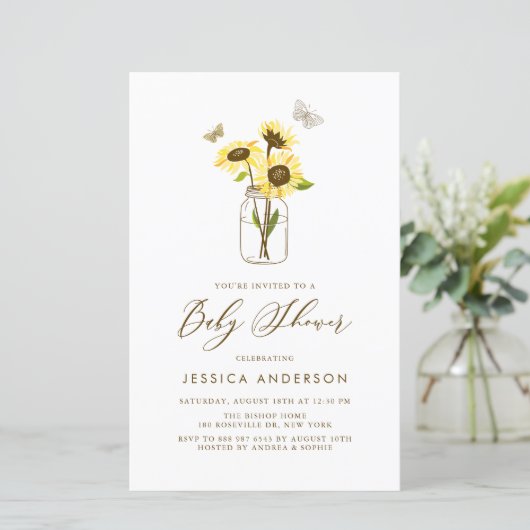 Gele Zonnebloemen in Mason Jar Baby shower Invite (Staand voorkant)