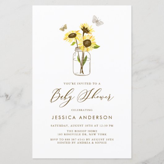 Gele Zonnebloemen in Mason Jar Baby shower Invite (Voorkant)