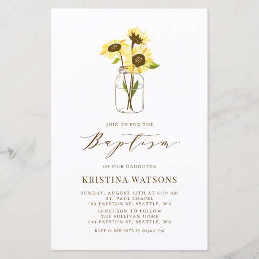 Gele zonnebloemen in Mason Jar Baptism Invitation (Voorkant)
