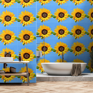Gele Zonnebloemen op Blauwe Hemel Behang