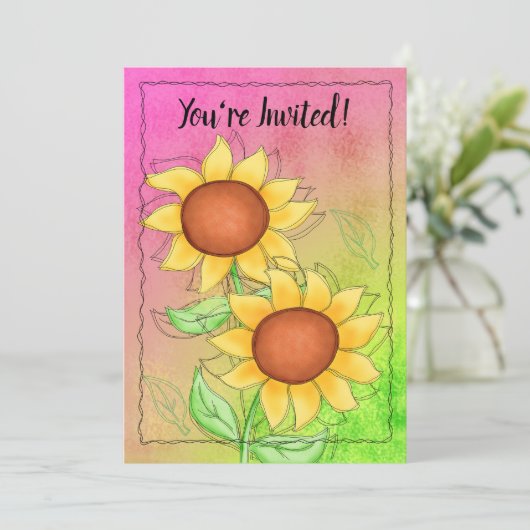 Gele zonnebloemen op getextureerde roze groene blo kaart (Staand voorkant)