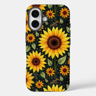 Gele zonnebloemen op zwart iPhone 16 hoesje