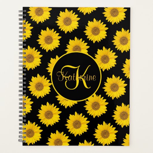 Gele zonnebloemen op zwart monogram planner (Voorkant)