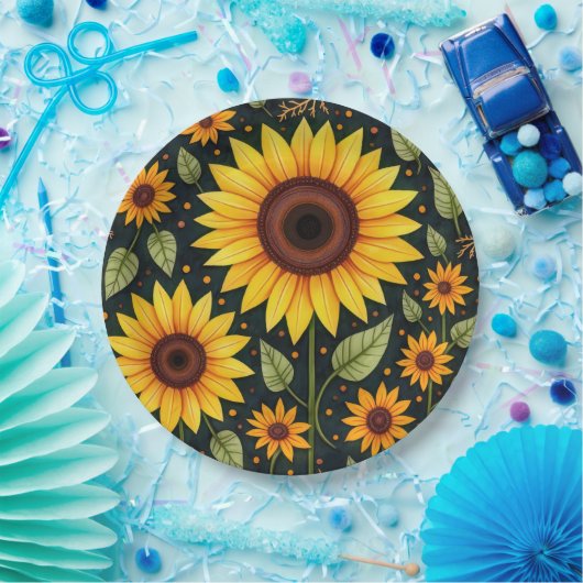 Gele zonnebloemen op zwart papieren bordje (Feest)