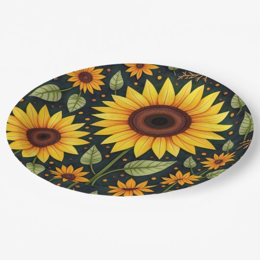 Gele zonnebloemen op zwart papieren bordje (Gekanteld)