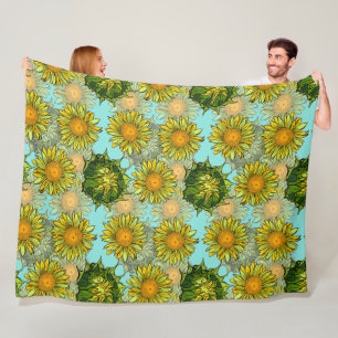 Gele zonnebloemen Patroon met Vloeiing en Buds Fleece Deken